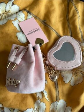 Juicy Couture Light Pink Velvet Drawstring Pouch with Heart Mirror Charm